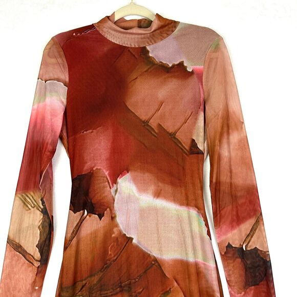 Vici Mesh Midi Dress Size Medium Artsy Abstract Bodycon Watercolor Stretch - Picture 3 of 8